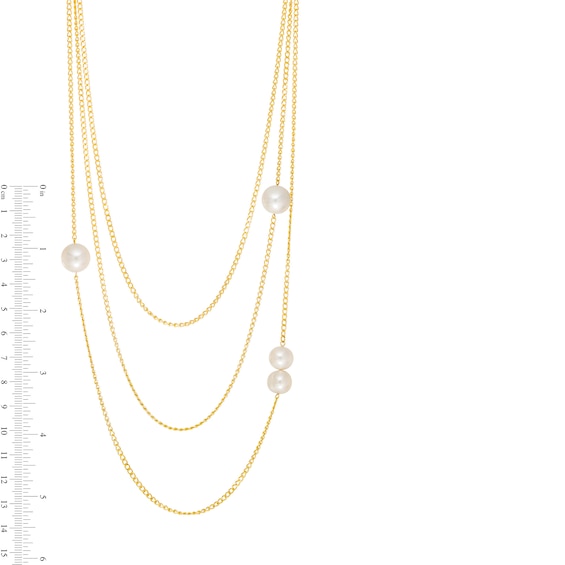 9.0-12.0mm Freshwater Cultured Pearl Off-Set Orbit Triple Strand Necklace in Sterling Silver with 18K Gold Plate-26"