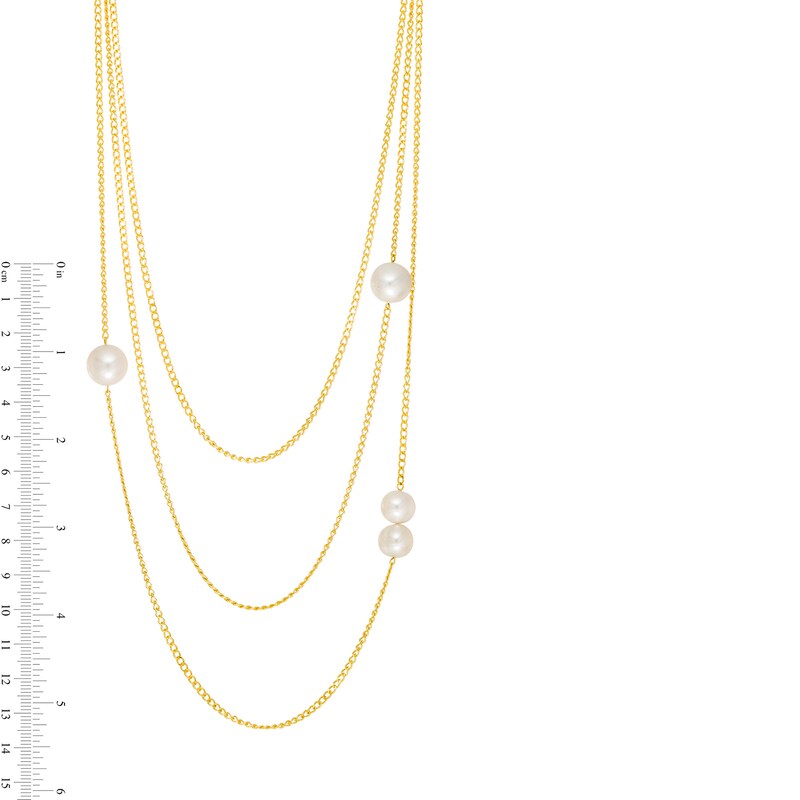 Main Image 3 of 9.0-12.0mm Freshwater Cultured Pearl Off-Set Orbit Triple Strand Necklace in Sterling Silver with 18K Gold Plate-26"