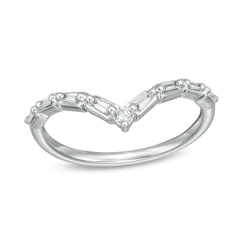Main Image 1 of 1/6 CT. T.W. Baguette and Round Diamond Chevron Anniversary Band in 14K White Gold