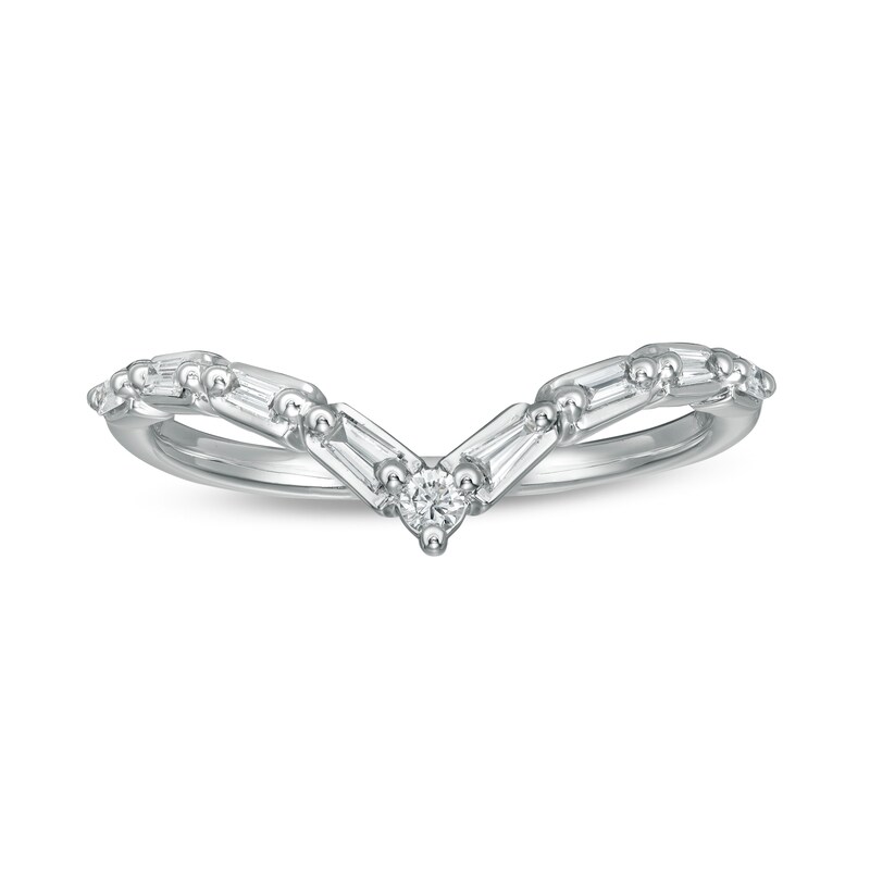 Main Image 4 of 1/6 CT. T.W. Baguette and Round Diamond Chevron Anniversary Band in 14K White Gold
