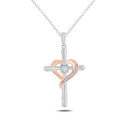 1/20 CT. T.W. Diamond Heart Cross Pendant in Sterling Silver and 10K Rose Gold