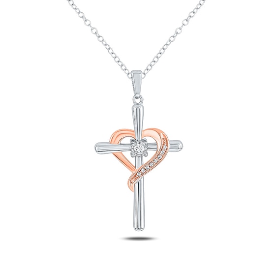 1/20 CT. T.w. Diamond Heart Cross Pendant in Sterling Silver and 10K Rose Gold