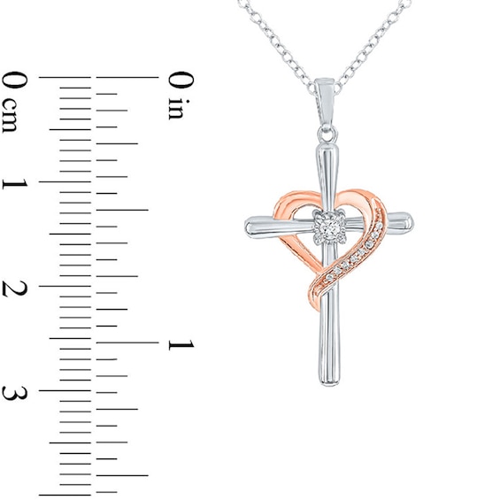 1/20 CT. T.w. Diamond Heart Cross Pendant in Sterling Silver and 10K Rose Gold