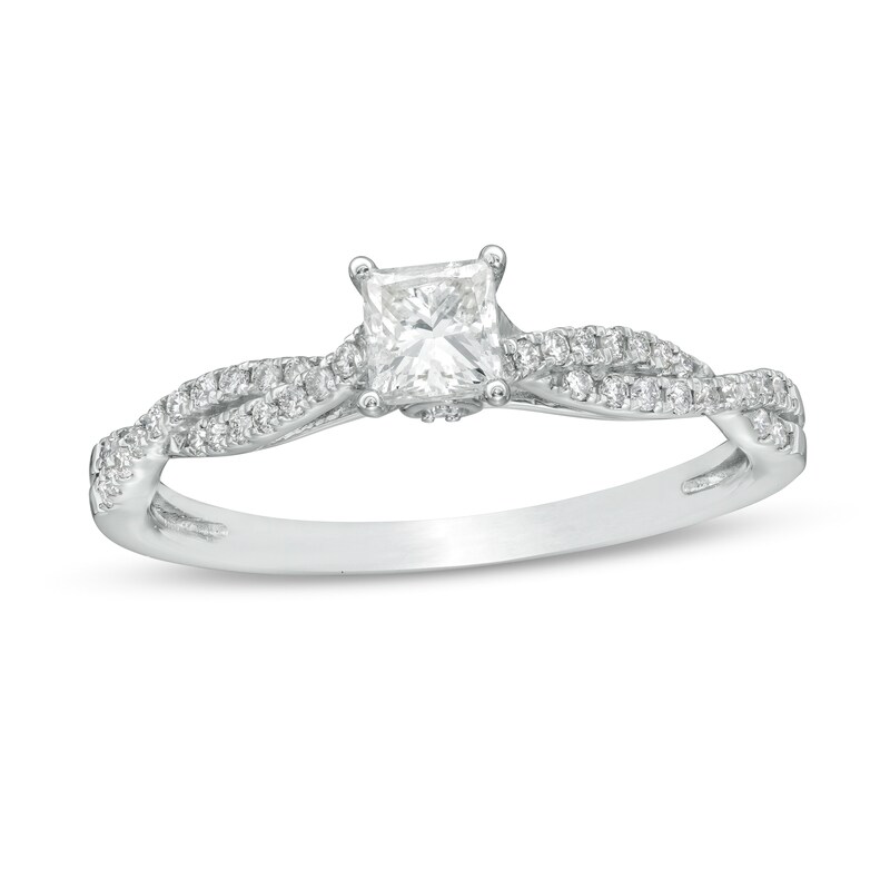 Main Image 1 of 1/2 CT. T.W. Princess-Cut Diamond Twist Shank Engagement Ring in 14K White Gold (I/I2)