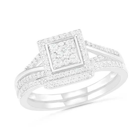 3/8 CT. T.w. Composite Diamond Square Frame Split Shank Bridal Set in 10K White Gold
