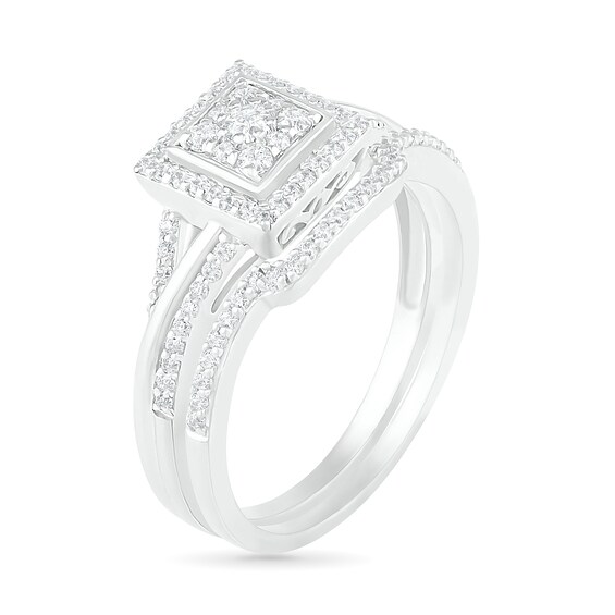 3/8 CT. T.w. Composite Diamond Square Frame Split Shank Bridal Set in 10K White Gold
