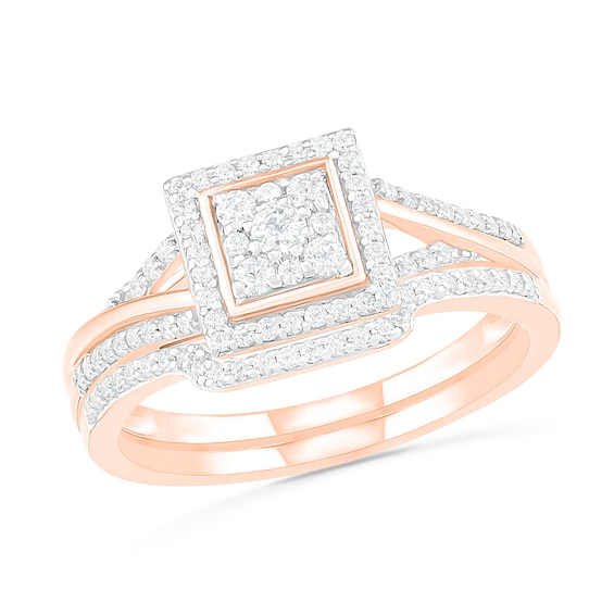 3/8 CT. T.w. Composite Diamond Square Frame Split Shank Bridal Set in 10K Rose Gold