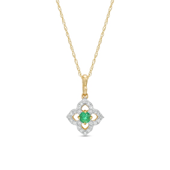 3.0mm Emerald and 1/10 CT. T.w. Diamond Open Petal Frame Drop Pendant in 10K Gold