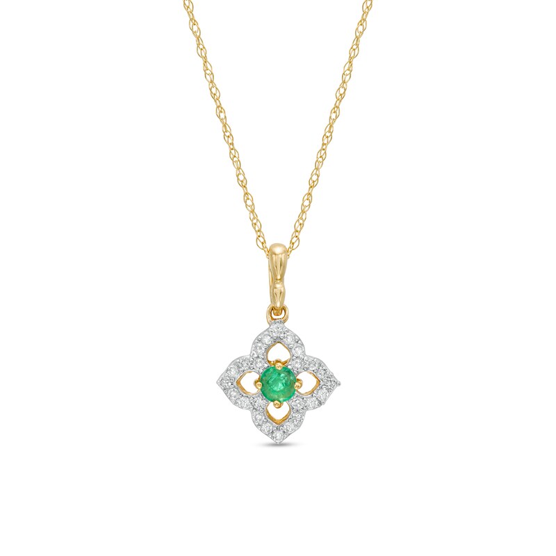 Main Image 1 of 3.0mm Emerald and 1/10 CT. T.W. Diamond Open Petal Frame Drop Pendant in 10K Gold