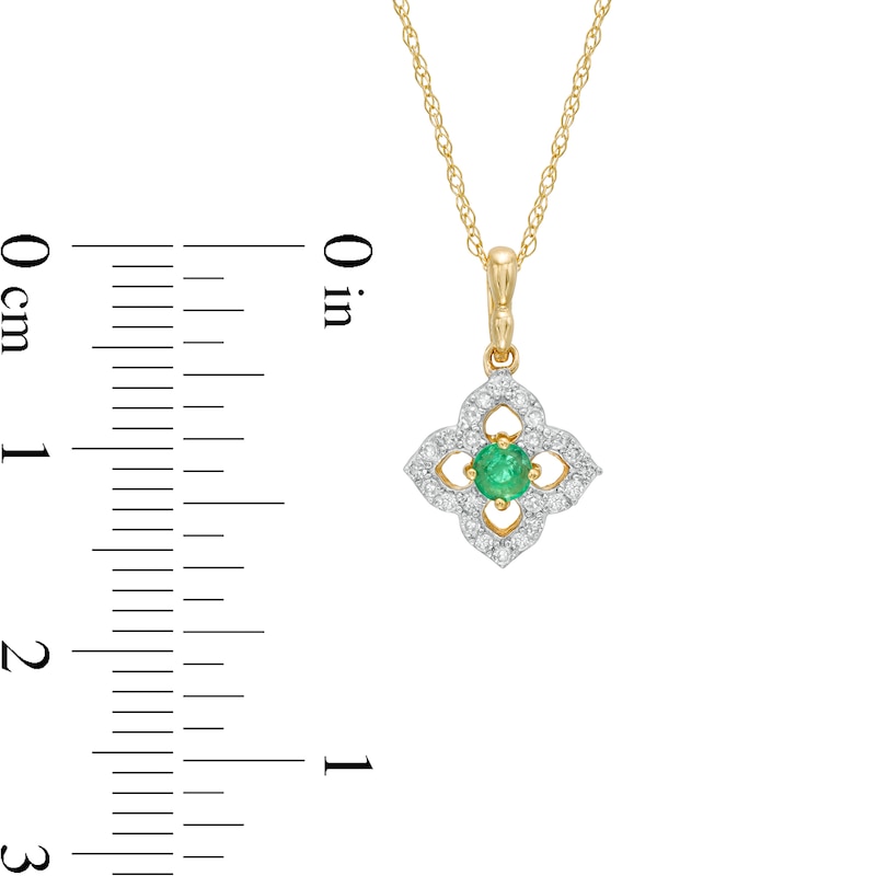 Main Image 3 of 3.0mm Emerald and 1/10 CT. T.W. Diamond Open Petal Frame Drop Pendant in 10K Gold