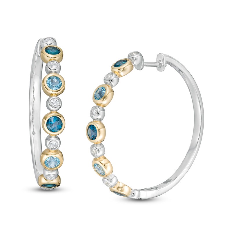 Main Image 1 of London and Swiss Blue and White Topaz Alternating Bubble Hoop Earrings in Sterling Silver and 14K Gold Plate