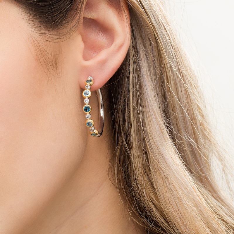 Main Image 2 of London and Swiss Blue and White Topaz Alternating Bubble Hoop Earrings in Sterling Silver and 14K Gold Plate