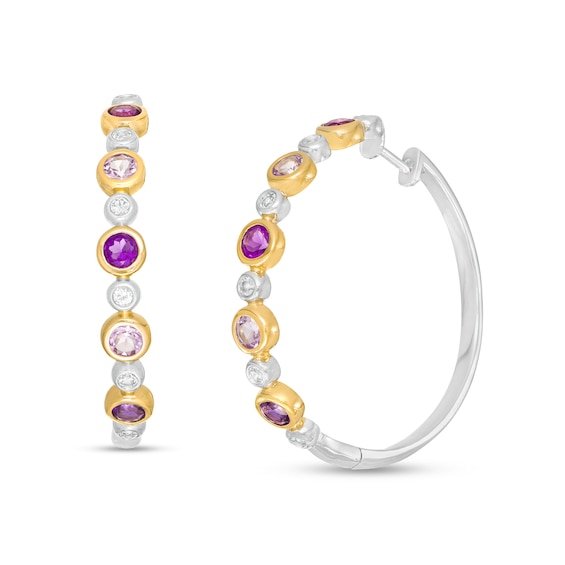 Rose de France and Purple Amethyst with White Topaz Alternating Bubble Hoop Earrings in Sterling Silver and 14K GP
