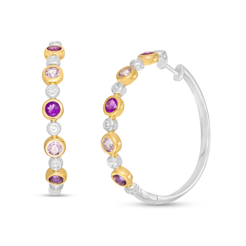 Main Image 1 of Rose de France and Purple Amethyst with White Topaz Alternating Bubble Hoop Earrings in Sterling Silver and 14K GP