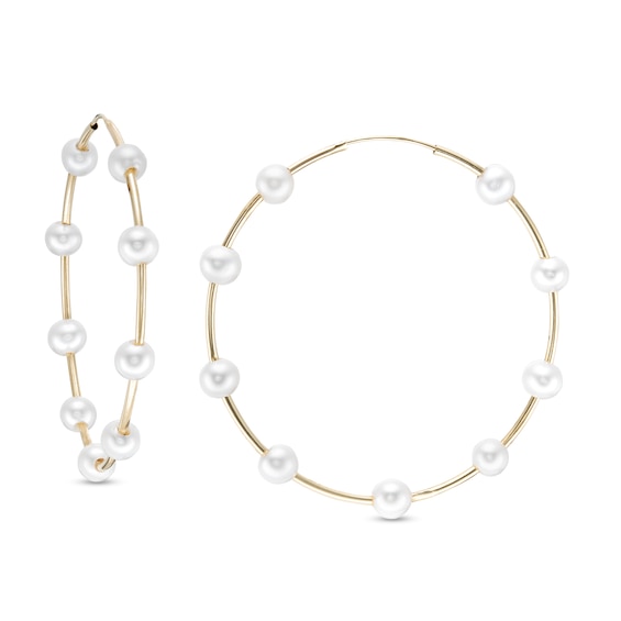 4.0-4.5mm Freshwater Cultured Pearl Station Continuous Tube Hoop Earrings in 14K Gold