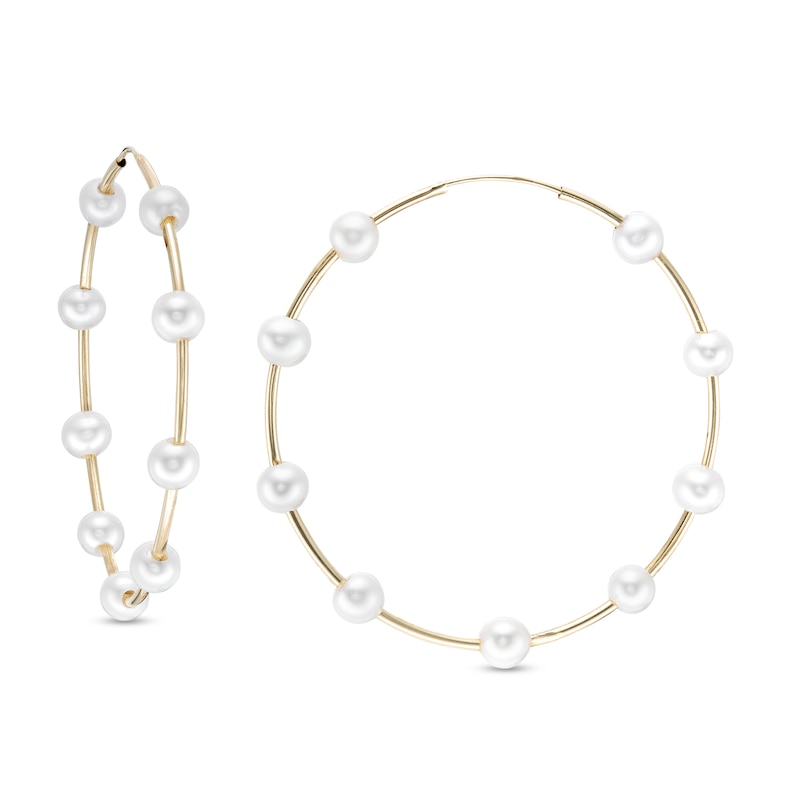 4.0-4.5mm Cultured Freshwater Pearl Station Continuous Tube Hoop Earrings in 14K Gold