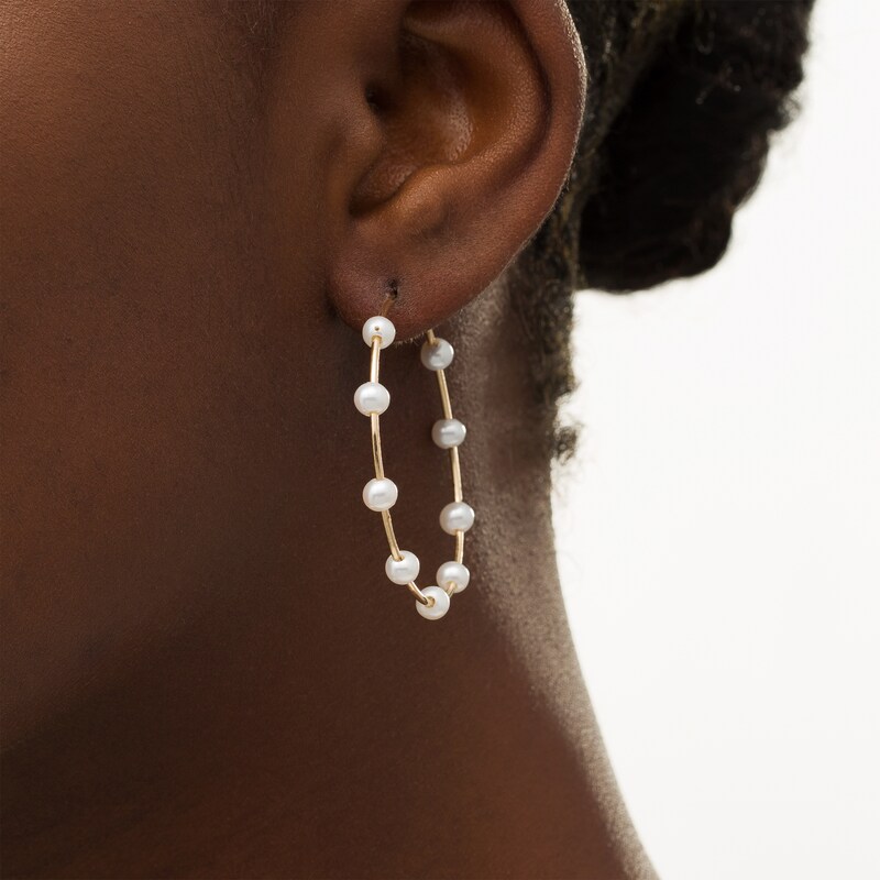 Main Image 2 of 4.0-4.5mm Freshwater Cultured Pearl Station Continuous Tube Hoop Earrings in 14K Gold