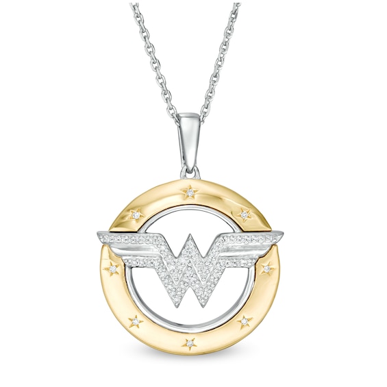 Wonder Woman⢠Collection 1/10 CT. T.w. Diamond Symbol Circle Pendant in Sterling Silver and 10K Gold