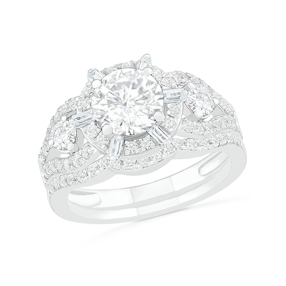 7.0mm White Lab-Created Sapphire Ship's Wheel Frame Three Stone Split Shank Bridal Set in Sterling Silver