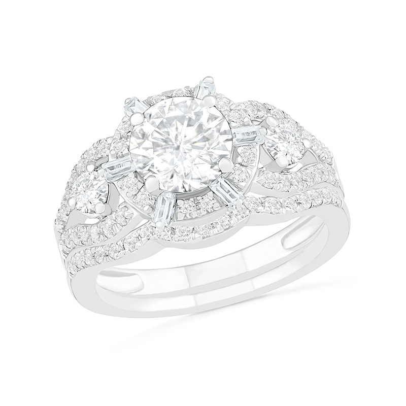Main Image 1 of 7.0mm White Lab-Created Sapphire Ship's Wheel Frame Three Stone Split Shank Bridal Set in Sterling Silver