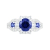 7.0mm Lab-Created Blue and White Sapphire Ship's Wheel Frame Three Stone Split Shank Bridal Set in Sterling Silver