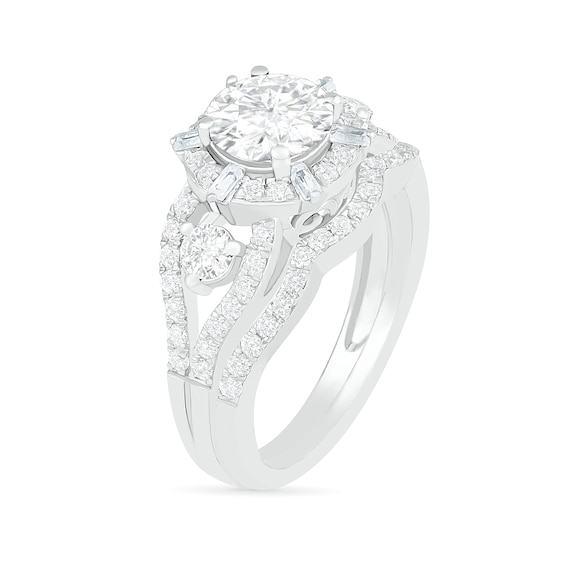 7.0mm White Lab-Created Sapphire Ship's Wheel Frame Three Stone Split Shank Bridal Set in Sterling Silver