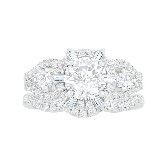 7.0mm White Lab-Created Sapphire Ship's Wheel Frame Three Stone Split Shank Bridal Set in Sterling Silver
