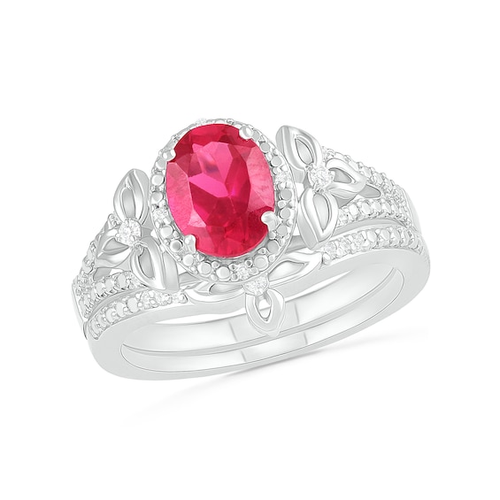 Oval Lab-Created Ruby and 1/15 CT. T.W. Diamond Bead Frame Flower-Sides Split Shank Bridal Set in Sterling Silver Oval Lab-Created Ruby and 1/15 CT. T.W. Diamond Bead Frame Flower-Sides Split Shank Bridal Set in Sterling Silver