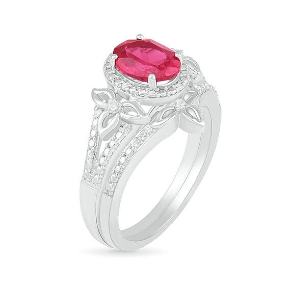 Oval Lab-Created Ruby and 1/15 CT. T.W. Diamond Bead Frame Flower-Sides Split Shank Bridal Set in Sterling Silver Oval Lab-Created Ruby and 1/15 CT. T.W. Diamond Bead Frame Flower-Sides Split Shank Bridal Set in Sterling Silver