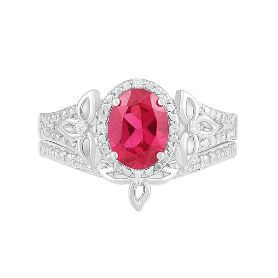 Oval Lab-Created Ruby and 1/15 CT. T.W. Diamond Bead Frame Flower-Sides Split Shank Bridal Set in Sterling Silver Oval Lab-Created Ruby and 1/15 CT. T.W. Diamond Bead Frame Flower-Sides Split Shank Bridal Set in Sterling Silver