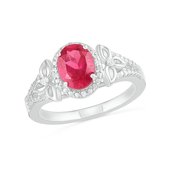 Oval Lab-Created Ruby and 1/15 CT. T.W. Diamond Bead Frame Flower-Sides Split Shank Bridal Set in Sterling Silver Oval Lab-Created Ruby and 1/15 CT. T.W. Diamond Bead Frame Flower-Sides Split Shank Bridal Set in Sterling Silver