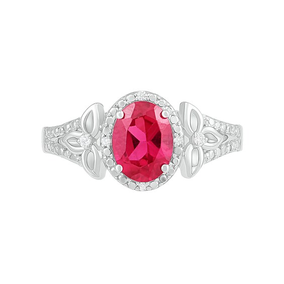 Oval Lab-Created Ruby and 1/15 CT. T.W. Diamond Bead Frame Flower-Sides Split Shank Bridal Set in Sterling Silver Oval Lab-Created Ruby and 1/15 CT. T.W. Diamond Bead Frame Flower-Sides Split Shank Bridal Set in Sterling Silver
