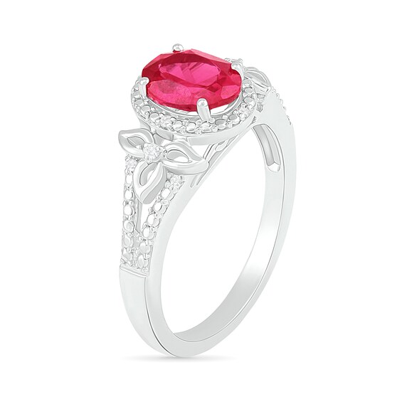 Oval Lab-Created Ruby and 1/15 CT. T.W. Diamond Bead Frame Flower-Sides Split Shank Bridal Set in Sterling Silver Oval Lab-Created Ruby and 1/15 CT. T.W. Diamond Bead Frame Flower-Sides Split Shank Bridal Set in Sterling Silver