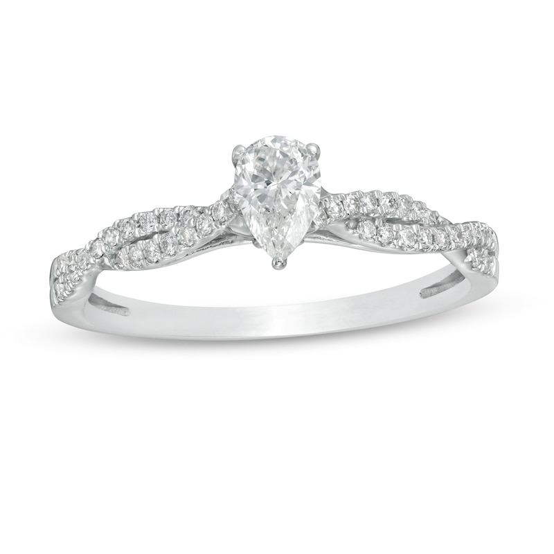 Main Image 1 of 1/2 CT. T.W. Pear-Shaped Diamond Twist Shank Engagement Ring in 14K White Gold (I/I1)