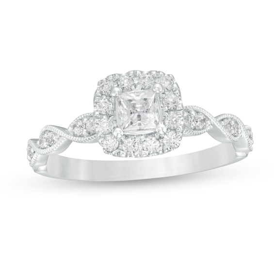 5/8 CT. T.w. Princess-Cut Diamond Cushion Frame Vintage-Style Engagement Ring in 14K White Gold (I/I2)