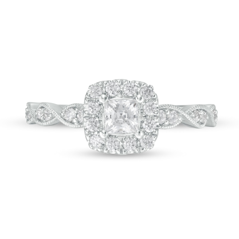 5/8 CT. T.W. Princess-Cut Diamond Cushion Frame Vintage-Style Engagement Ring in 14K White Gold (I/I2)