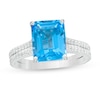 Emerald-Cut Swiss Blue Topaz and 1/3 CT. T.W. Diamond Double Row Engagement Ring in 14K White Gold