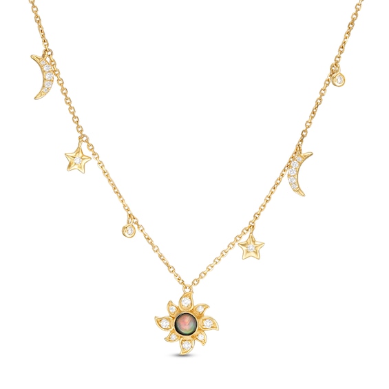 3.5mm Opal and 1/6 CT. T.w. Diamond Sun and Crescent Moon with Star Station Necklace in 10K Gold