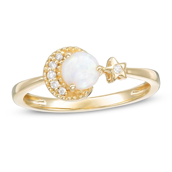 5.0mm Opal and 1/20 CT. T.w. Diamond Crescent Moon and Star Ring in 10K Gold