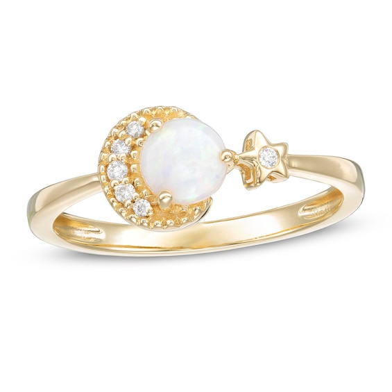 5.0mm Opal and Diamond Accent Crescent Moon and Star Ring in 10K Gold