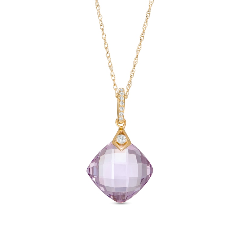 Main Image 1 of 11.0mm Checkerboard Cushion-Cut Rose de France Amethyst and White Topaz Drop Pendant in 10K Gold