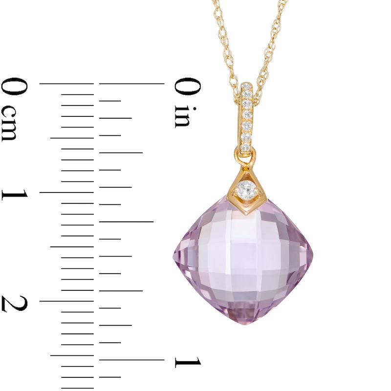 Main Image 2 of 11.0mm Checkerboard Cushion-Cut Rose de France Amethyst and White Topaz Drop Pendant in 10K Gold