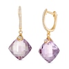 Thumbnail Image 1 of 10.0mm Checkerboard Cushion-Cut Rose de France Amethyst and White Topaz Drop Hoop Earrings in 10K Gold