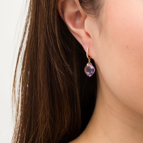 10.0mm Checkerboard Cushion-Cut Rose de France Amethyst and White Topaz Drop Hoop Earrings in 10K Gold