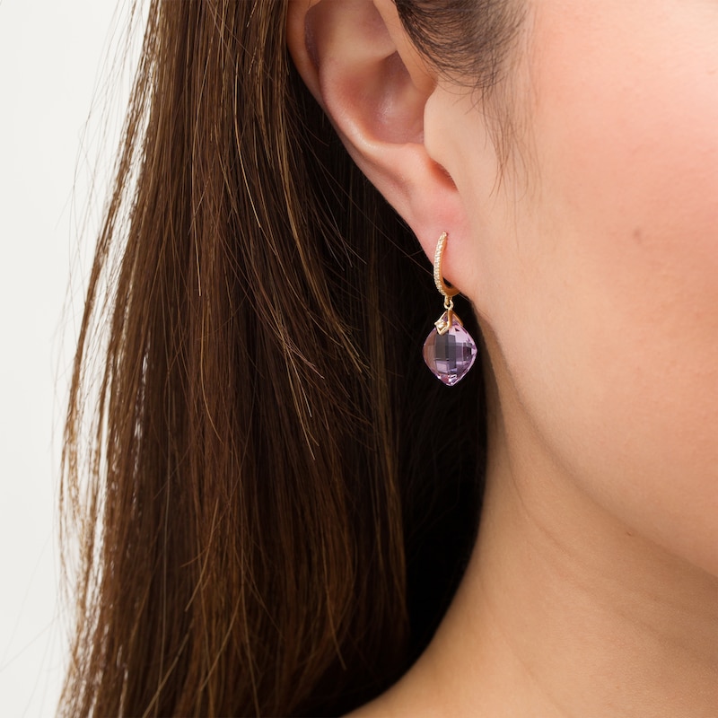 Main Image 2 of 10.0mm Checkerboard Cushion-Cut Rose de France Amethyst and White Topaz Drop Hoop Earrings in 10K Gold