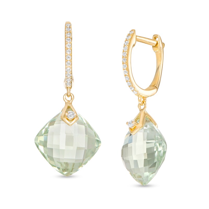 Main Image 1 of 10.0mm Checkerboard Cushion-Cut Green Quartz and White Topaz Drop Hoop Earrings in 10K Gold