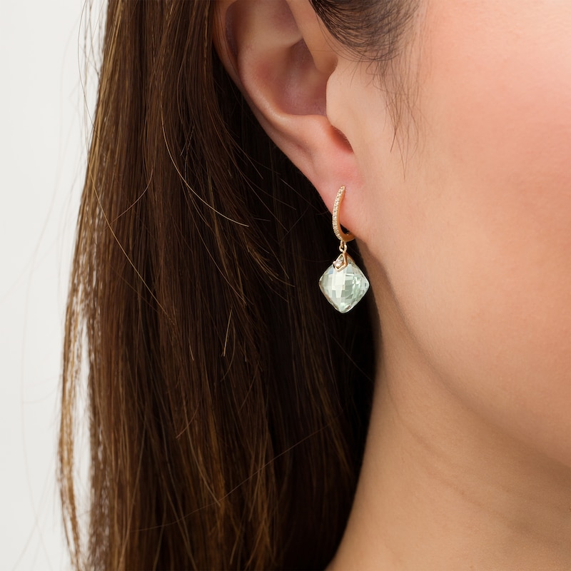 Main Image 2 of 10.0mm Checkerboard Cushion-Cut Green Quartz and White Topaz Drop Hoop Earrings in 10K Gold