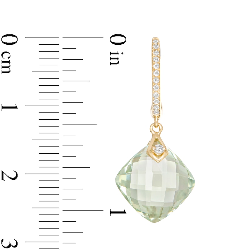 Main Image 3 of 10.0mm Checkerboard Cushion-Cut Green Quartz and White Topaz Drop Hoop Earrings in 10K Gold