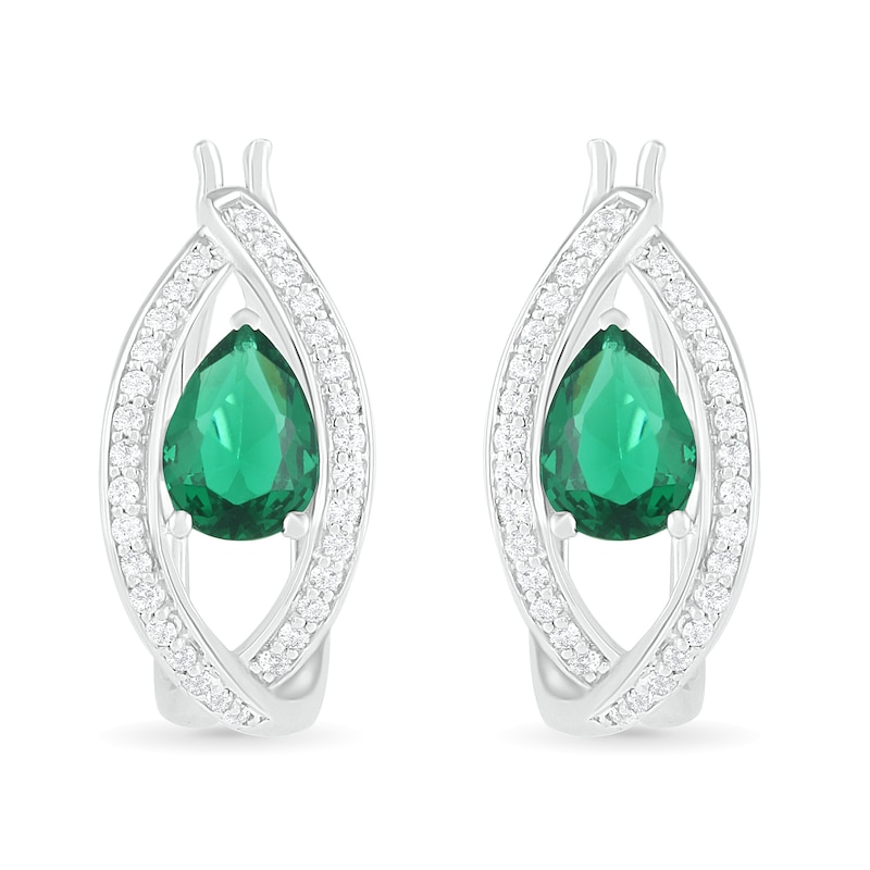 Main Image 1 of Pear-Shaped Lab-Created Emerald and White Sapphire Marquise Orbit Frame Hoop Earrings in Sterling Silver