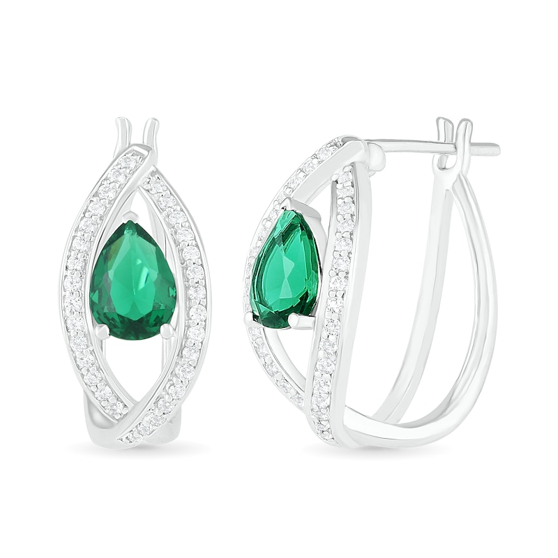 Main Image 2 of Pear-Shaped Lab-Created Emerald and White Sapphire Marquise Orbit Frame Hoop Earrings in Sterling Silver